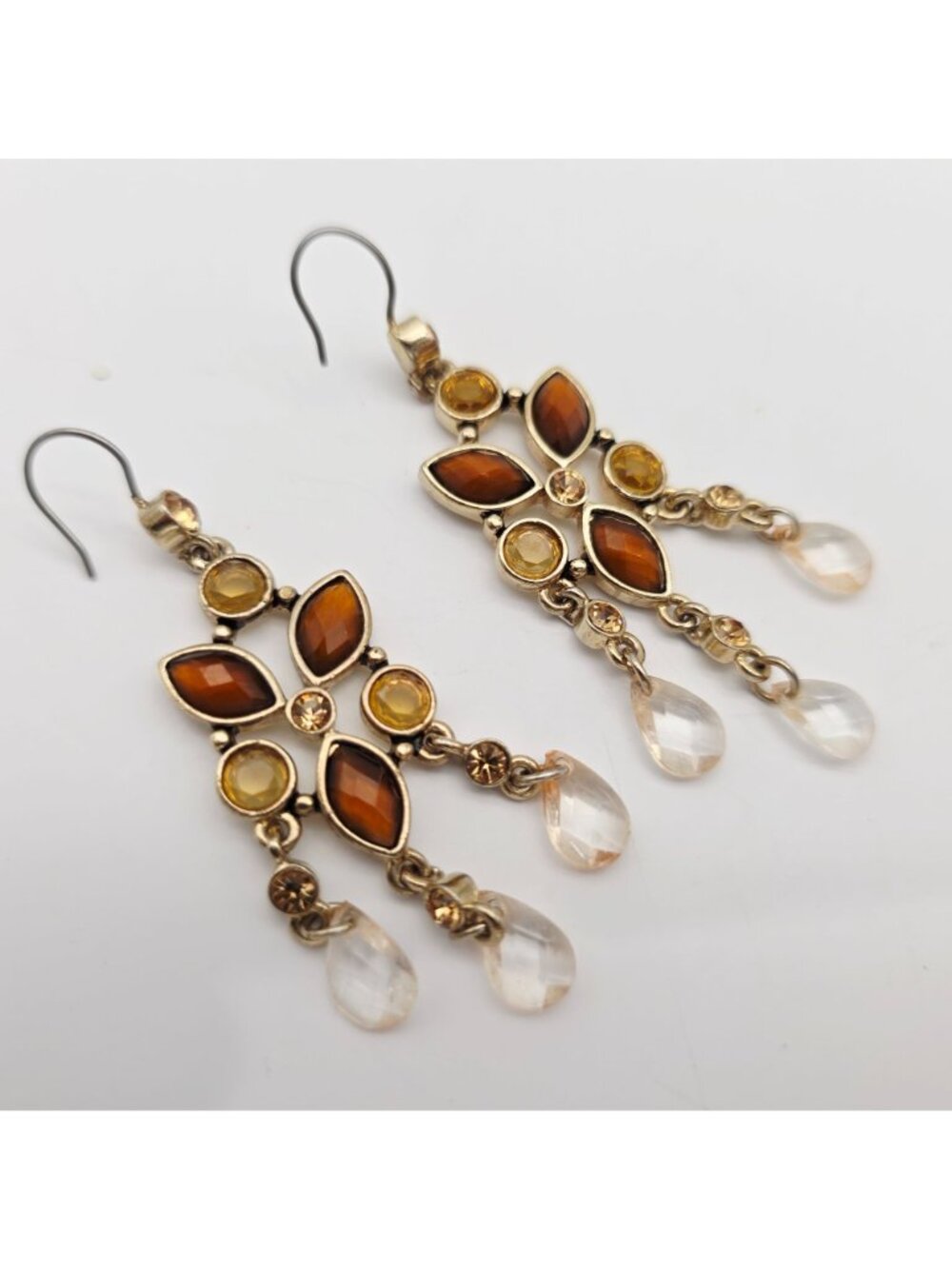 Gold Tone Earrings Faceted Citrine Color Crystals and Briolette Chandelier - Picture 4 of 5